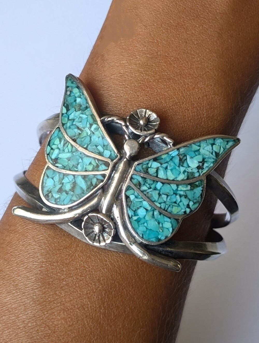 Vintage cuff bracelet Sterling silver Native American turquoise Chip Butterfly